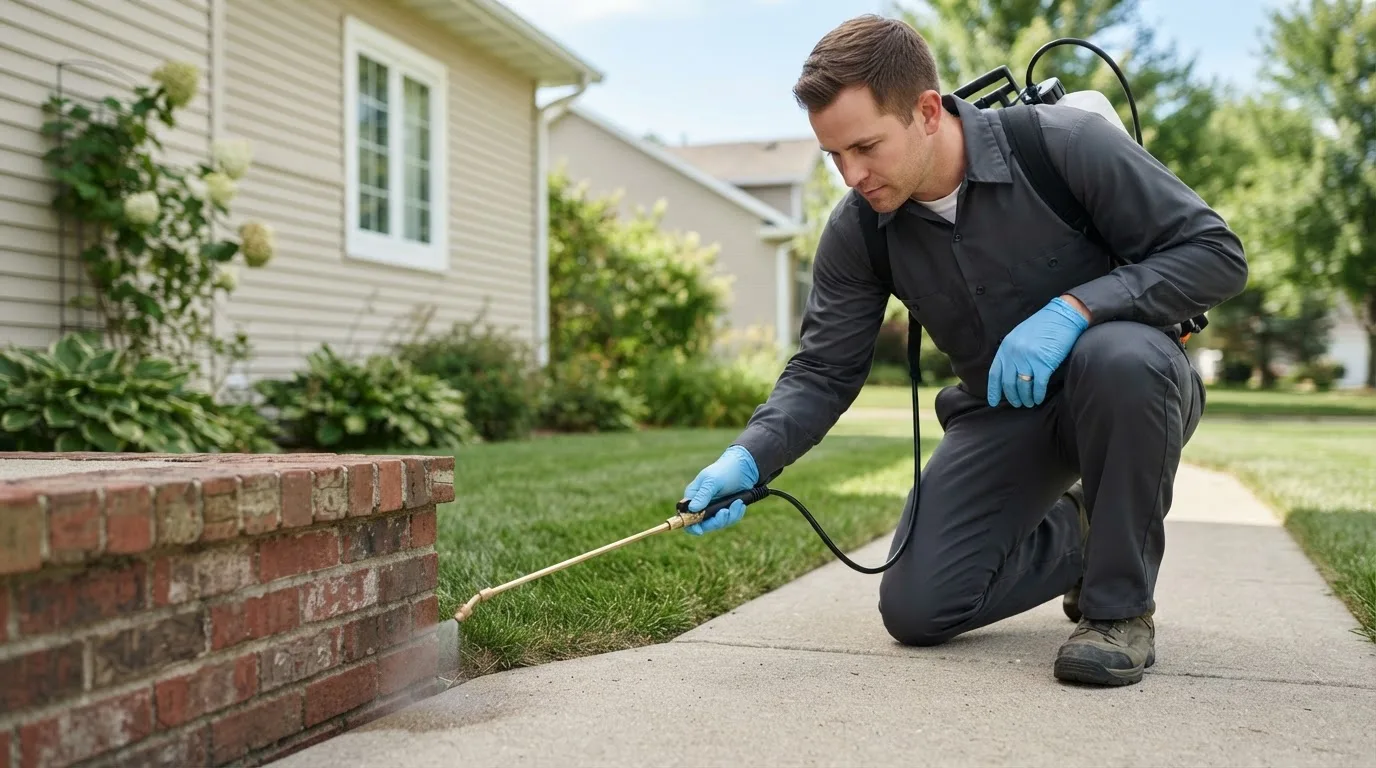 Pest control technician treating a home near South Paris, ME